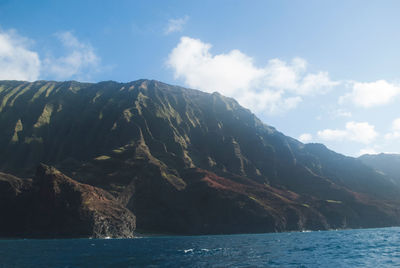 Scenic view of sea by mountains against sky