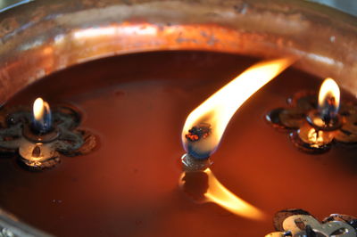 Close-up of lit tea light candles