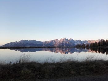 Scenic view of lake against clear sky