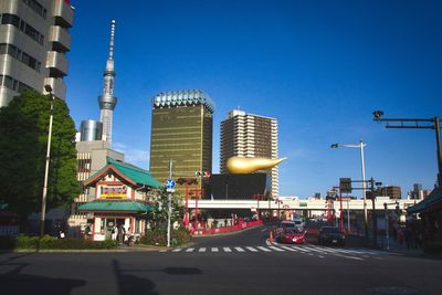 View of city buildings against blue sky