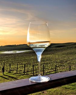 Glass of wine on field against sky during sunset