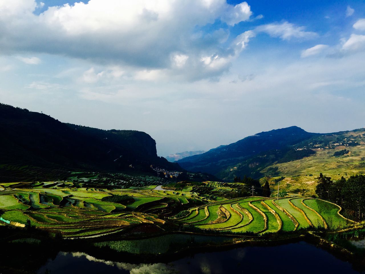 mountain, tranquil scene, scenics, sky, tranquility, water, beauty in nature, landscape, nature, mountain range, green color, high angle view, cloud - sky, tree, river, cloud, idyllic, growth, outdoors, lake