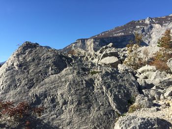 Low angle view of rock formation against clear blue sky