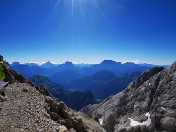 Scenic view of mountains against clear blue sky