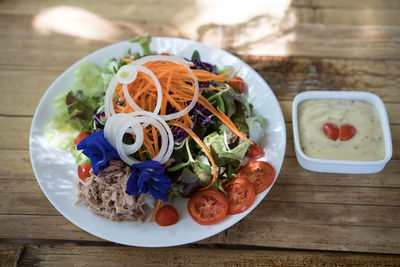 High angle view of meal served on table