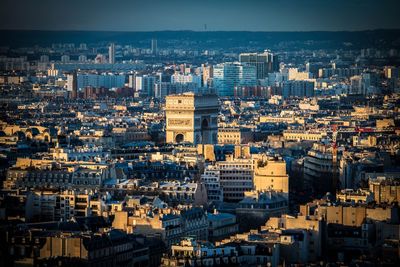 High angle view of buildings in city against sky