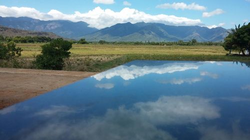 Scenic view of lake against cloudy sky