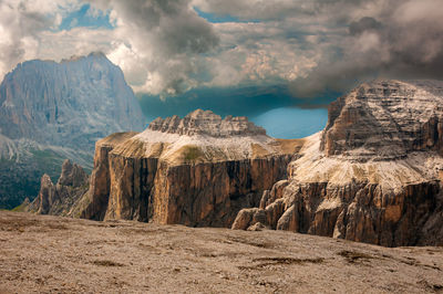 Rock formations on mountain against sky