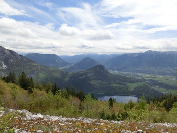 Scenic view of mountains against cloudy sky