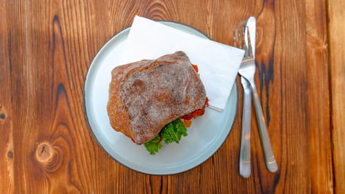 High angle view of breakfast served on table