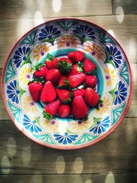 Directly above shot of strawberries in bowl on table