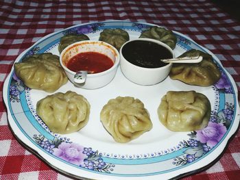 High angle view of breakfast on table