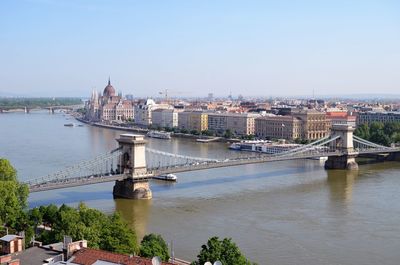 Bridge over river with city in background