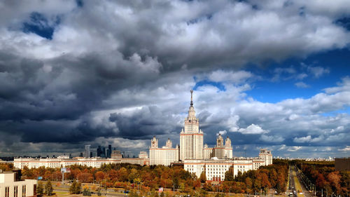 Dramatic autumn sky over moscow university campus