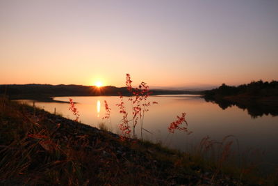 Scenic view of lake against sky during sunset