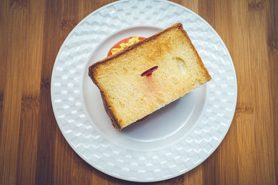 High angle view of breakfast in plate on table