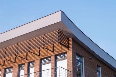 Low angle view of building against clear blue sky