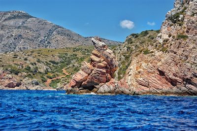 Scenic view of sea and rocks against blue sky