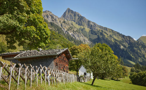 Scenic view of trees and mountains against sky