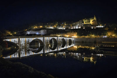 Illuminated bridge over river by buildings in city at night