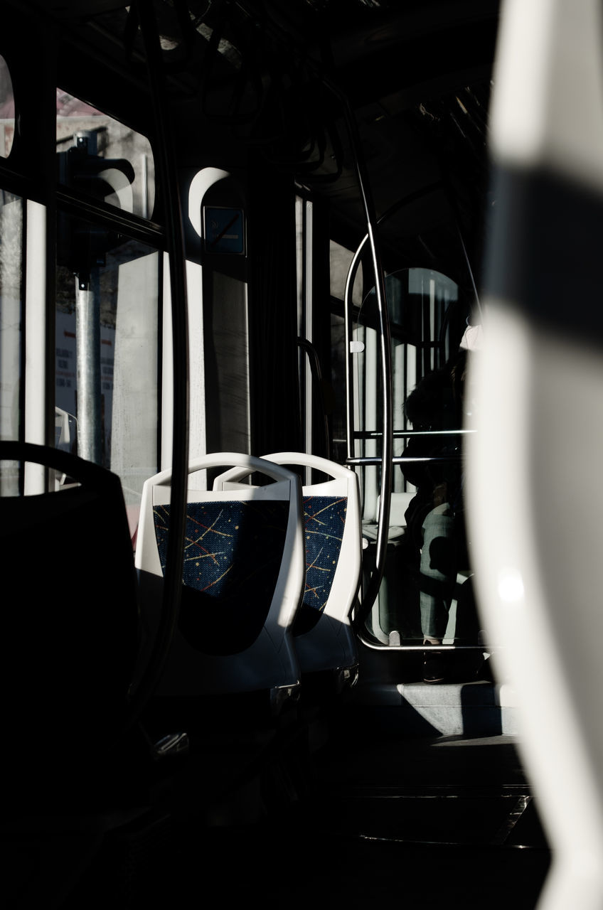 CLOSE-UP OF TRAIN IN EMPTY SEATS