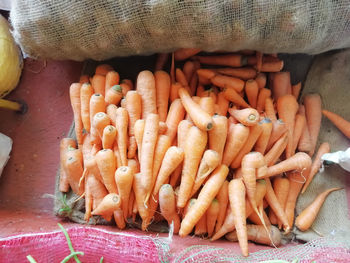 High angle view of carrots for sale in market