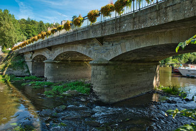 Arch bridge over river against sky