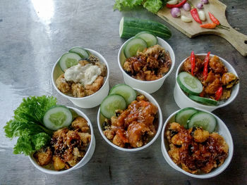 High angle view of meal served on table