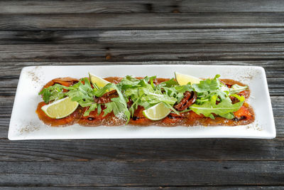 High angle view of food in plate on table