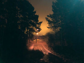 Dirt road amidst trees against sky during sunset