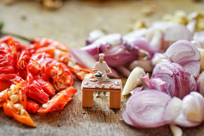 Close-up of meat and vegetables on table