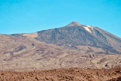 Scenic view of volcanic landscape against clear blue sky