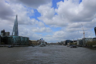 View of buildings by river against cloudy sky