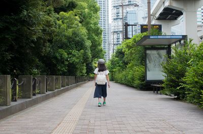 Rear view of people walking on walkway