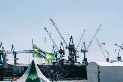 Low angle view of cranes at construction site against clear sky on sunny day