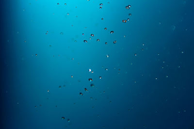 Low angle view of raindrops against blue sky