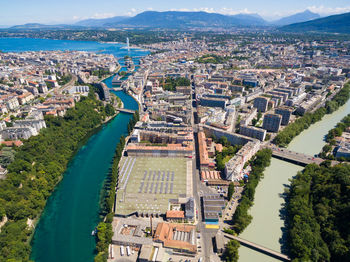 High angle view of buildings in city