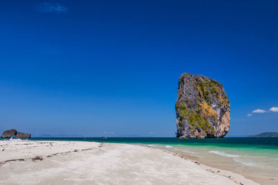 Scenic view of beach against blue sky