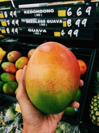 Cropped hand holding mango in supermarket