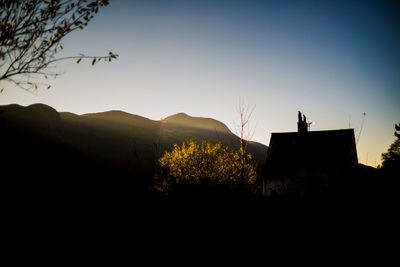 Silhouette tree and buildings against sky during sunset