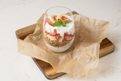 High angle view of dessert on table