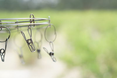 Close-up of clothespins hanging on clothesline