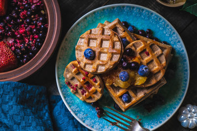 High angle view of food in plate on table