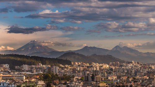 Aerial view of city against cloudy sky