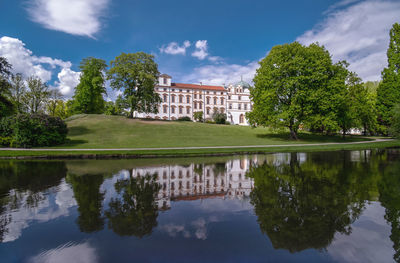 Water reflection of trees and castle in lake