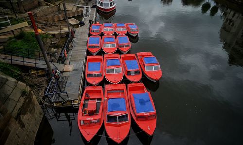 High angle view of ship moored in water