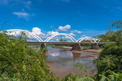 Bridge over river against blue sky