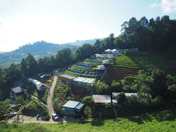 High angle view of agricultural field against sky