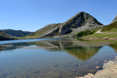 Scenic view of lake against clear blue sky