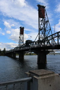 Bridge over river against cloudy sky